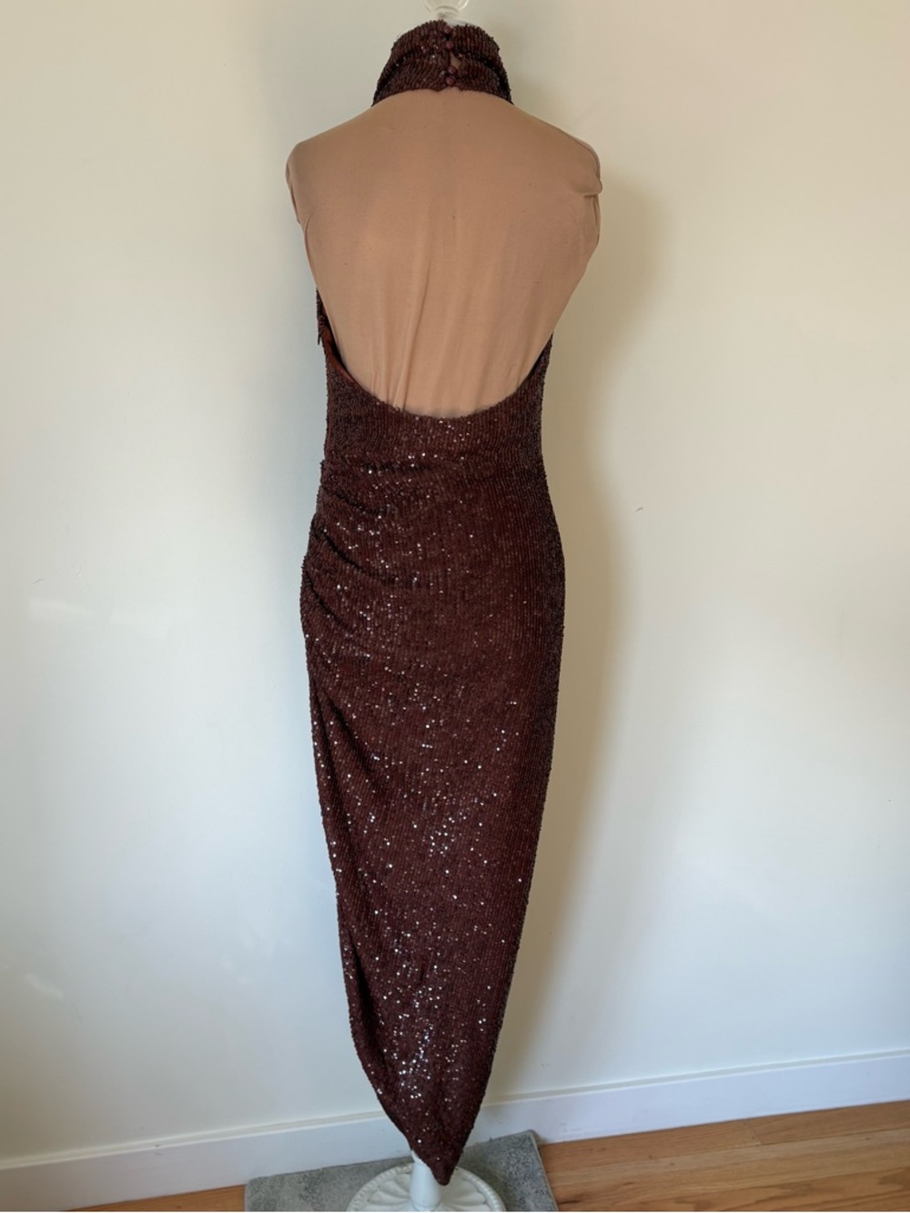ITMFL Marissa Chocolate Brown Sequin Asymmetrical Mockneck Gown Dress EUC Size S - Picture 7 of 11